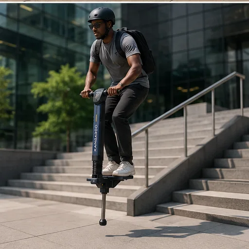 A rider hopping down a flight of city stairs on a Kangaroo